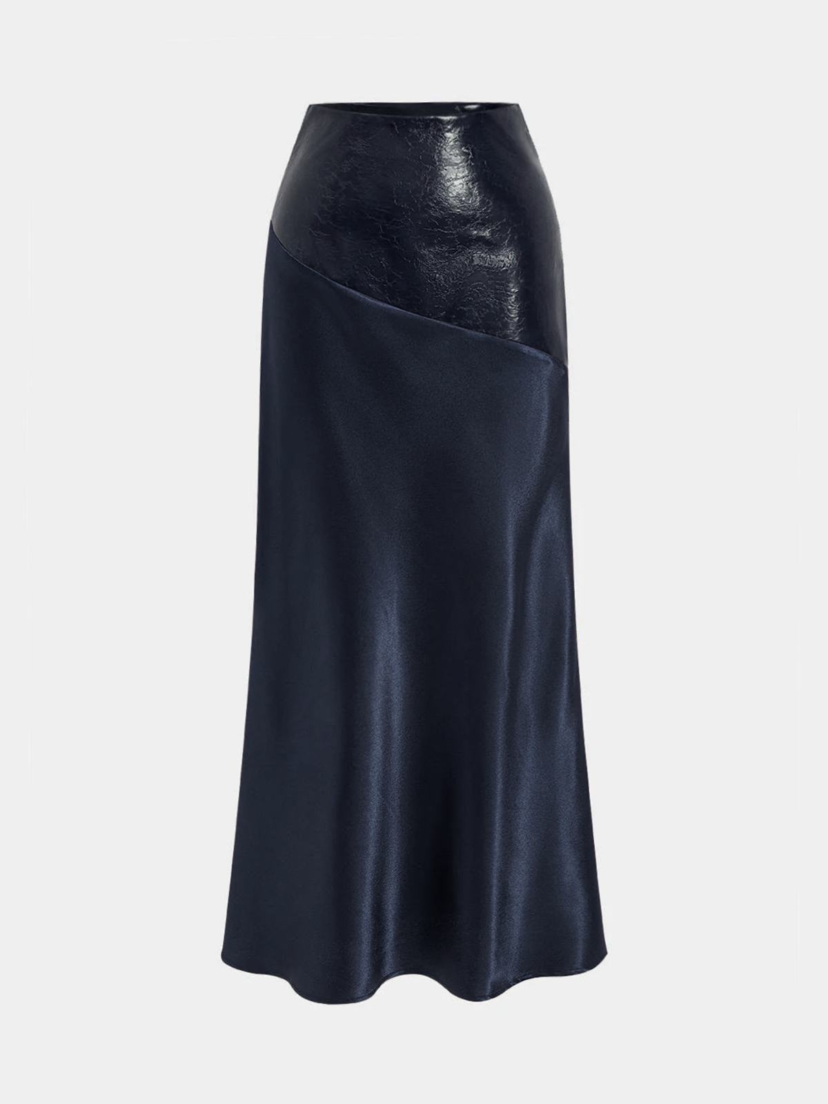 Faux Leather Panel Asymmetric Satin Maxi Skirt