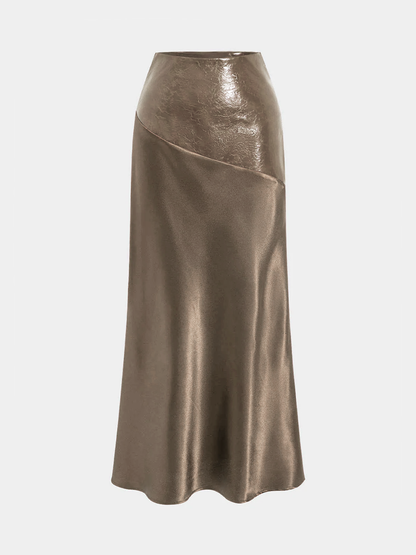Faux Leather Panel Asymmetric Satin Maxi Skirt