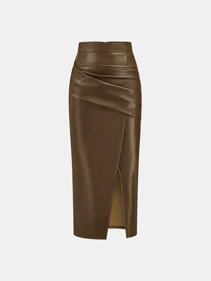 Ruched Slit PU Leather Midi Skirt