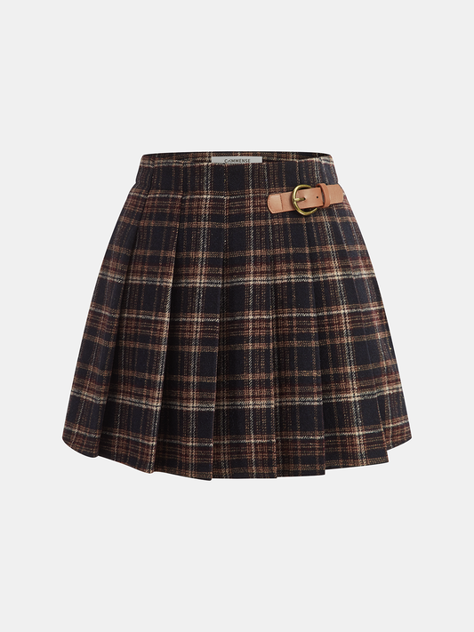 Buckle Detail Plaid Pleated Mini Skirt