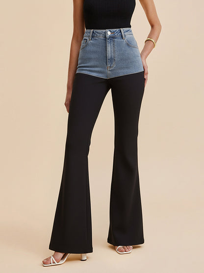 Mid-Waist Denim Panel Flared Pants