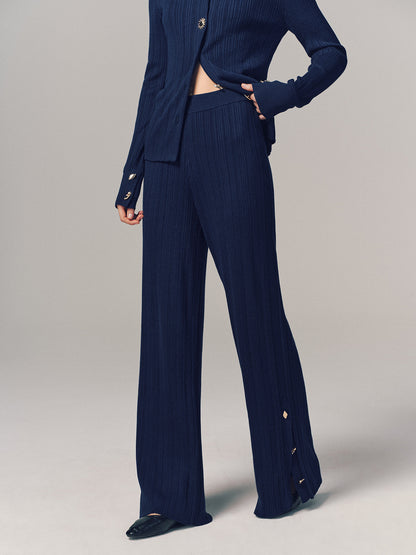 Textured Wool-Blend Metal-Detail Slit Knit Pants