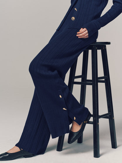 Textured Wool-Blend Metal-Detail Slit Knit Pants