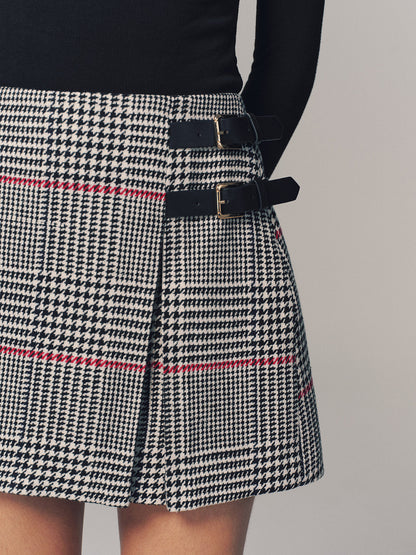 Double Belt Accent Houndstooth Mini Skirt