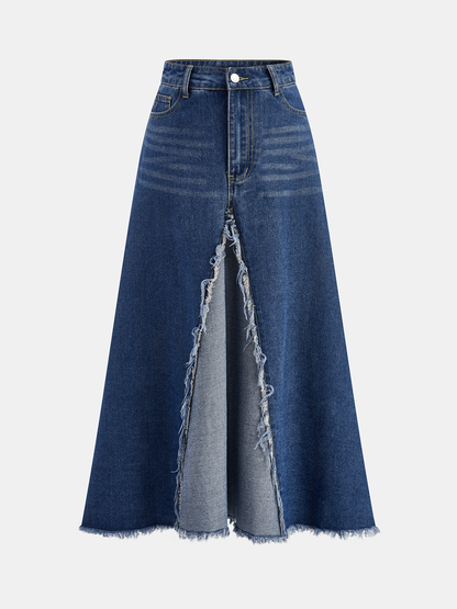 Frayed Hem Denim Midi Skirt
