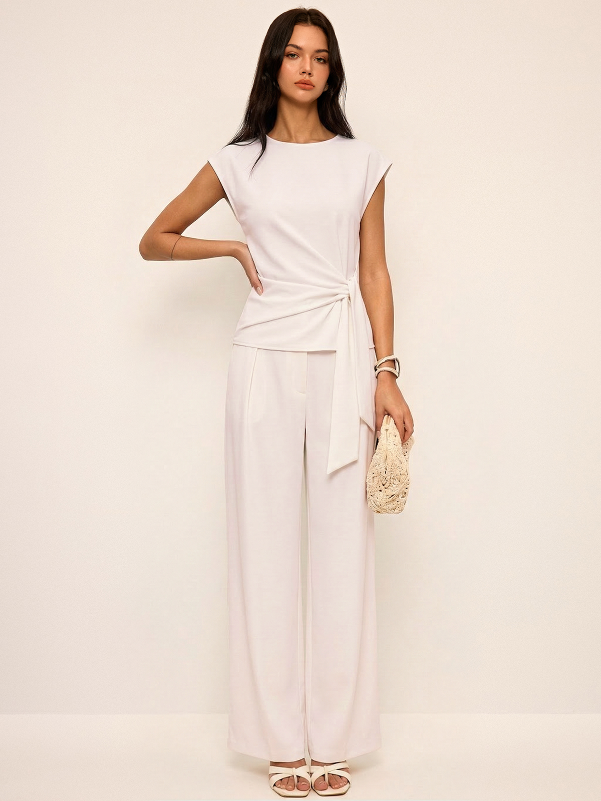 Tie Waist Sleeveless Top & Wide Leg Pants Set