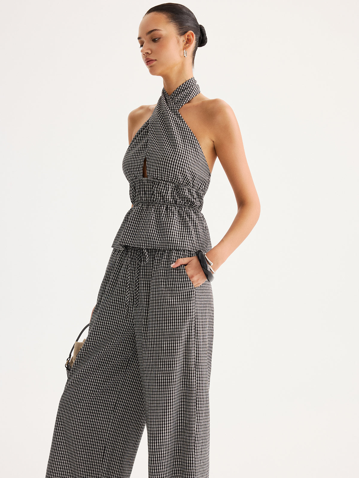 Halter Gingham Peplum Top & Pants Set