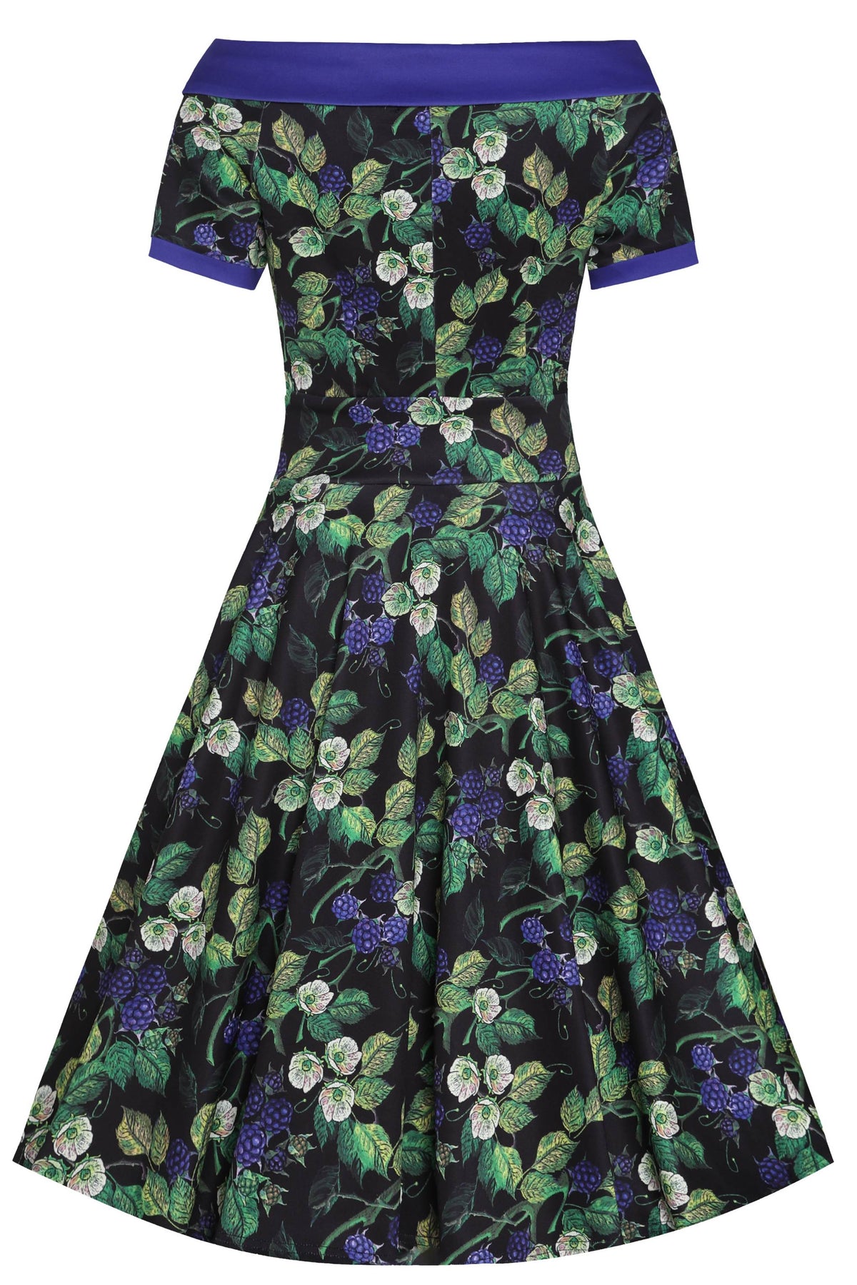 Darlene Off-Shoulder Dress in Black/Purple Berry Leaf Print