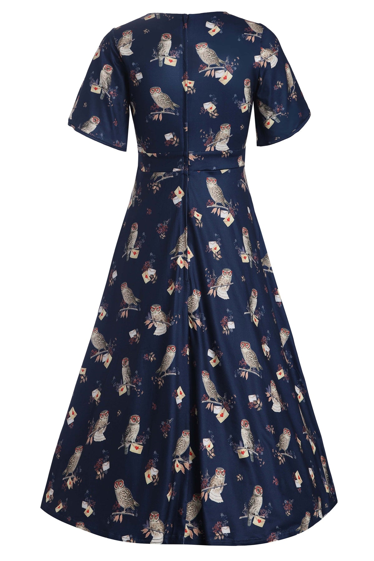 Janice Dark Blue Sleeved Flared Tea Dress In Owl Print