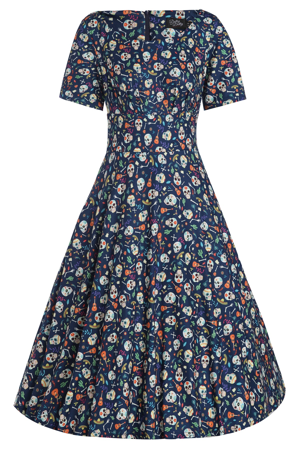 Brenda Navy Blue Flare Dress in Day of the Dead Sugar Skulls