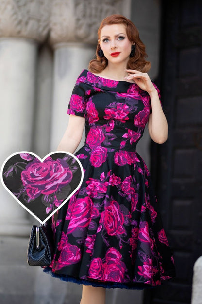 Darlene Retro Black-Pink Roses Swing Dress