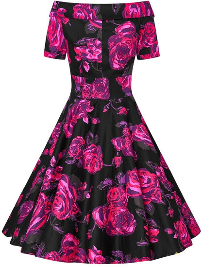 Darlene Retro Black-Pink Roses Swing Dress