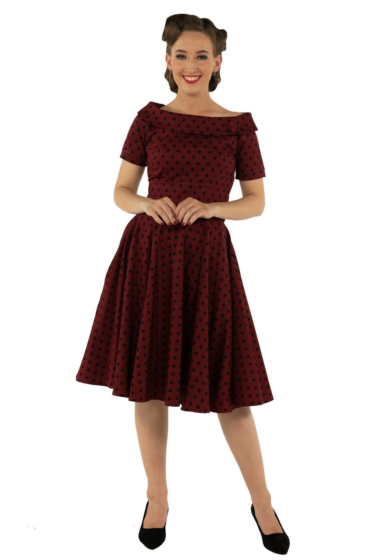 Darlene Retro Polka Dot Swing Dress in Burgundy-Black