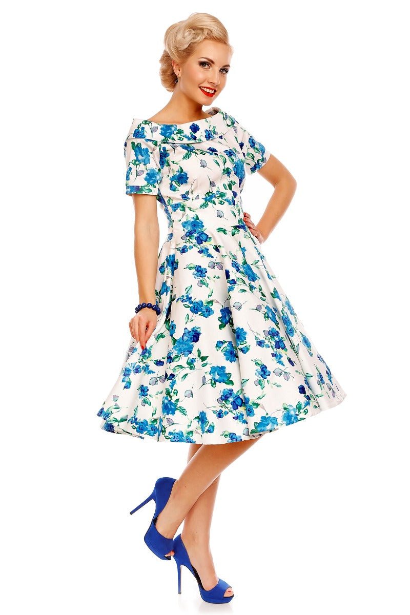 Darlene Floral Roses Swing Dress in White-Blue