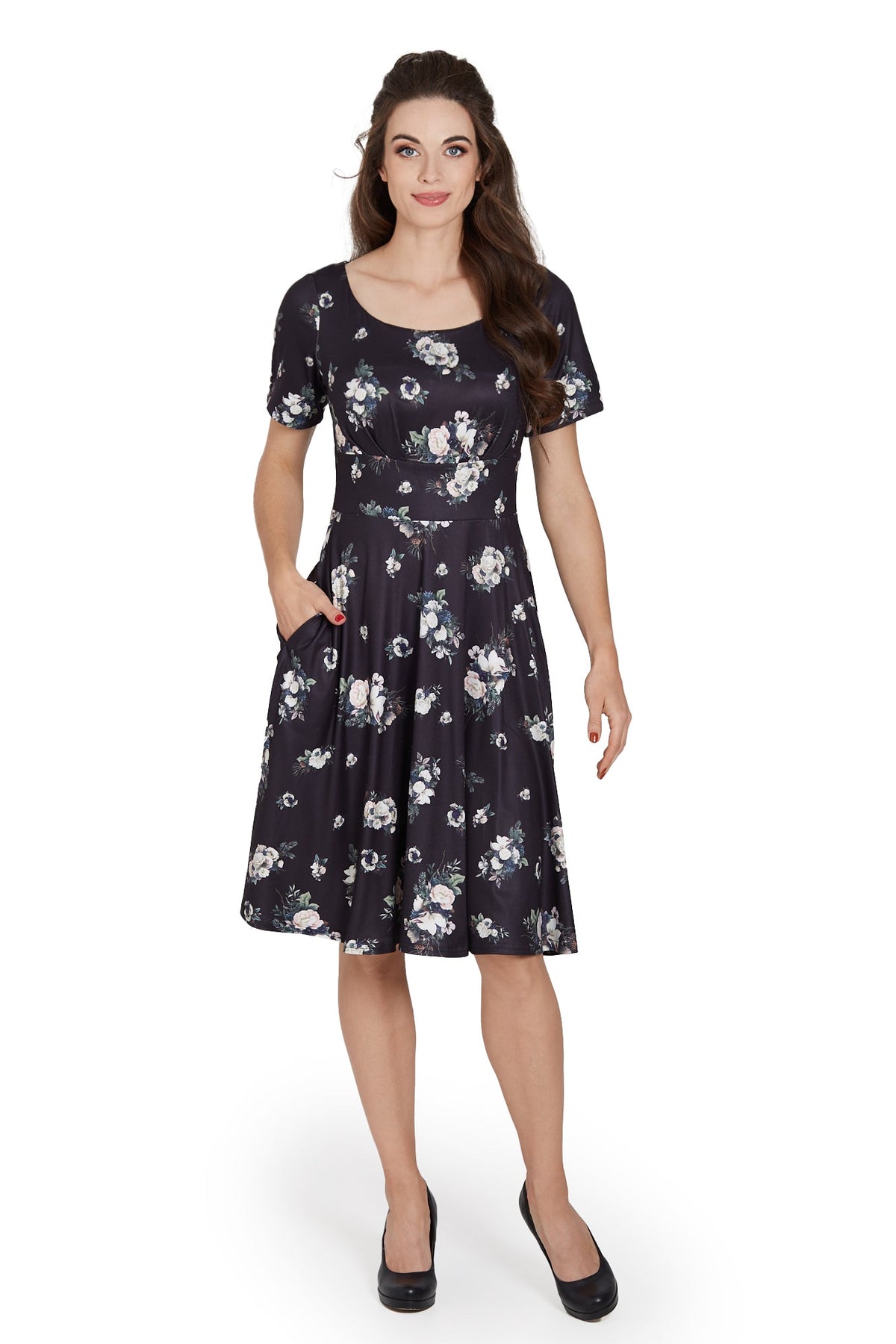 Brenda Black Floral Flared Dress