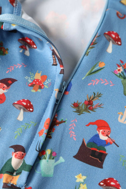 Janice Blue Petal Sleeved Tea Dress in Garden Gnome Print
