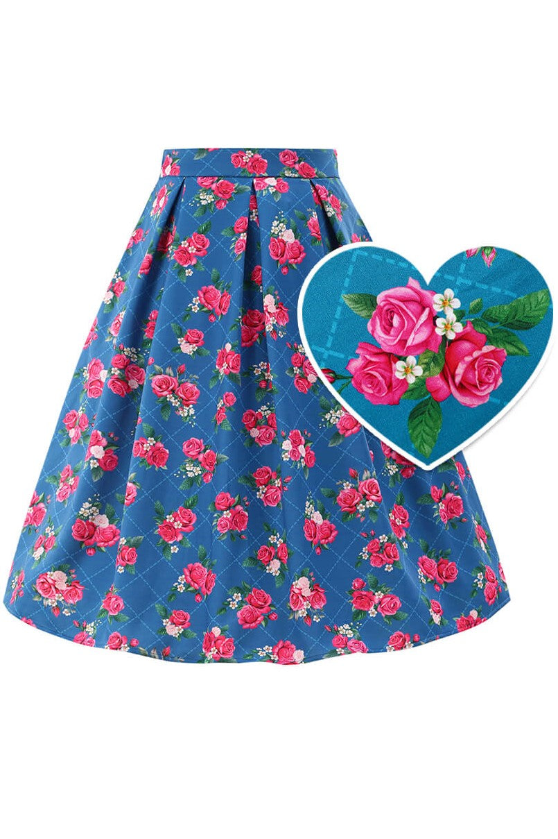 Aisley Blue Rose Pleated Midi Skirt