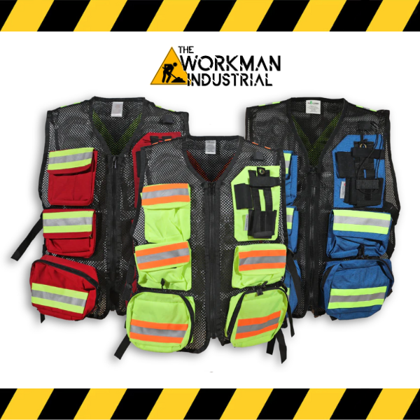 Big K professional mesh first aid safety vests in red, lime green, and royal blue.