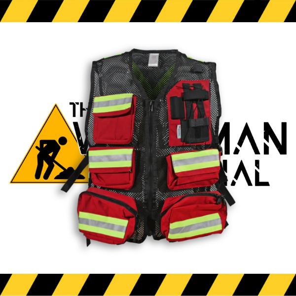 The red Big K first aid safety vest with multiple pockets.