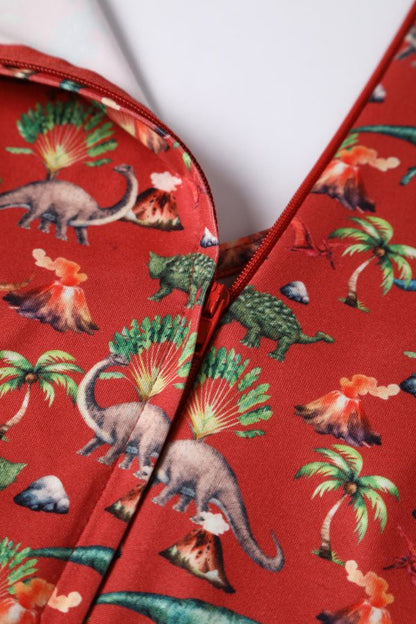 Billie Dinosaur Volcano Flared Dress In Red