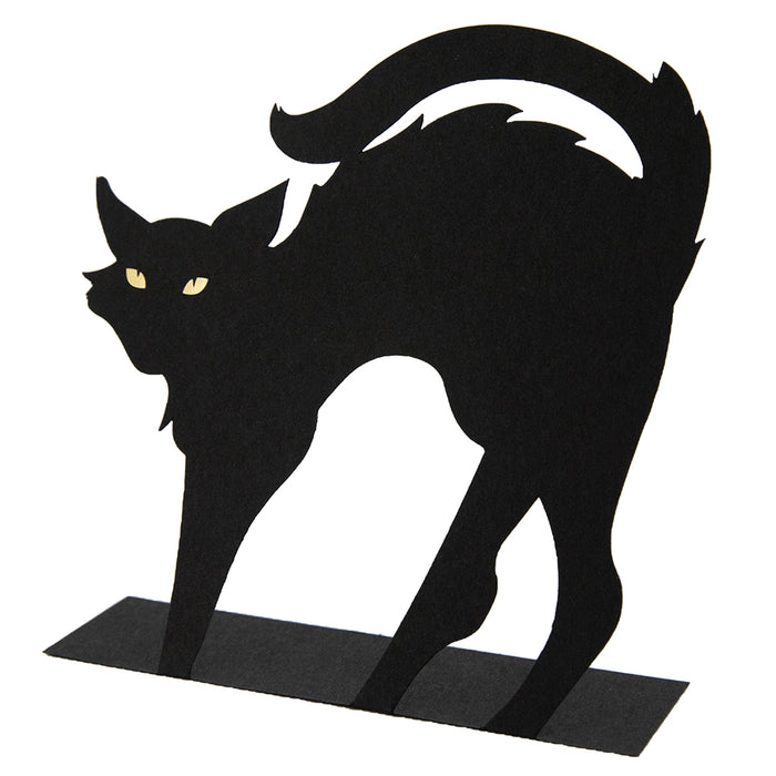 A black, die-cut, free-standing place card in the shape of an arched black cat, featuring gold foil eyes.
