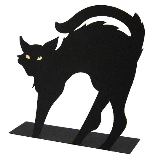 A black, die-cut, free-standing place card in the shape of an arched black cat, featuring gold foil eyes.
