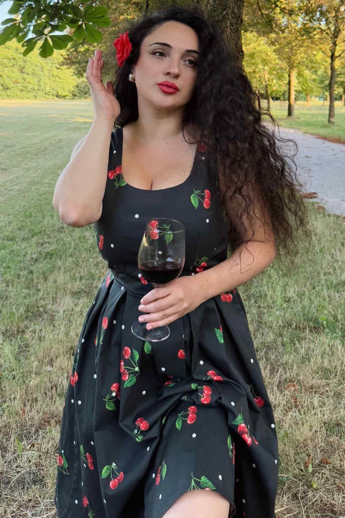 Amanda Black Cherry Retro Flared Dress In Cotton