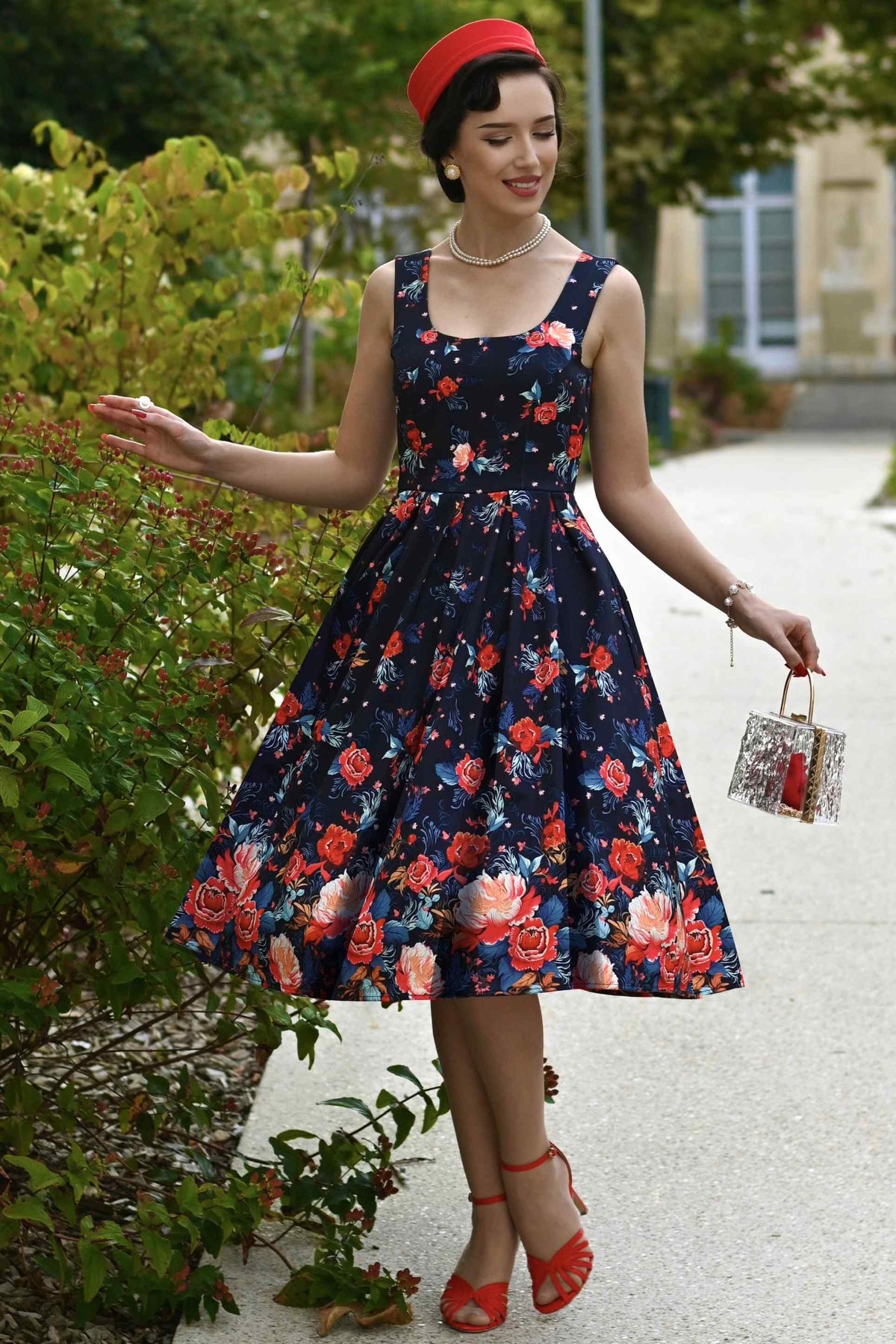 Amanda Black Tapestry Floral Swing Dress