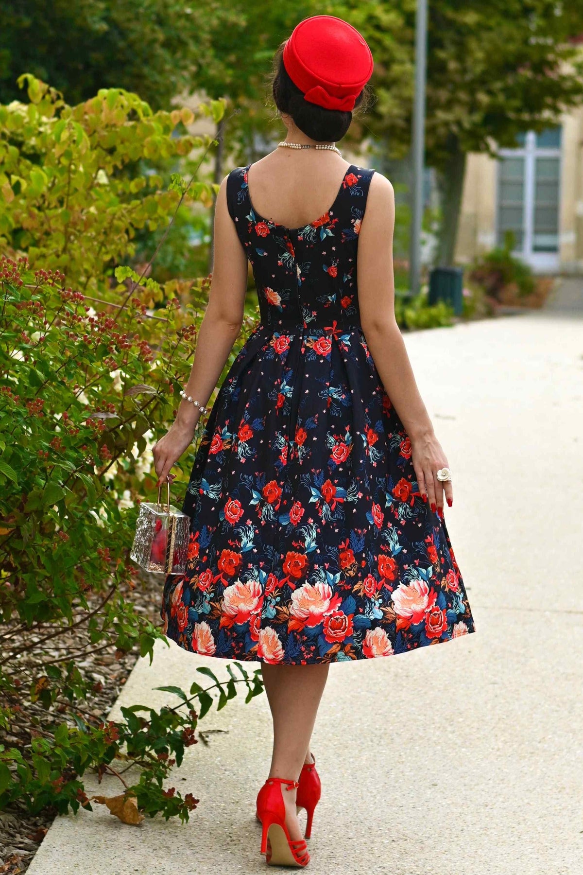 Amanda Black Tapestry Floral Swing Dress