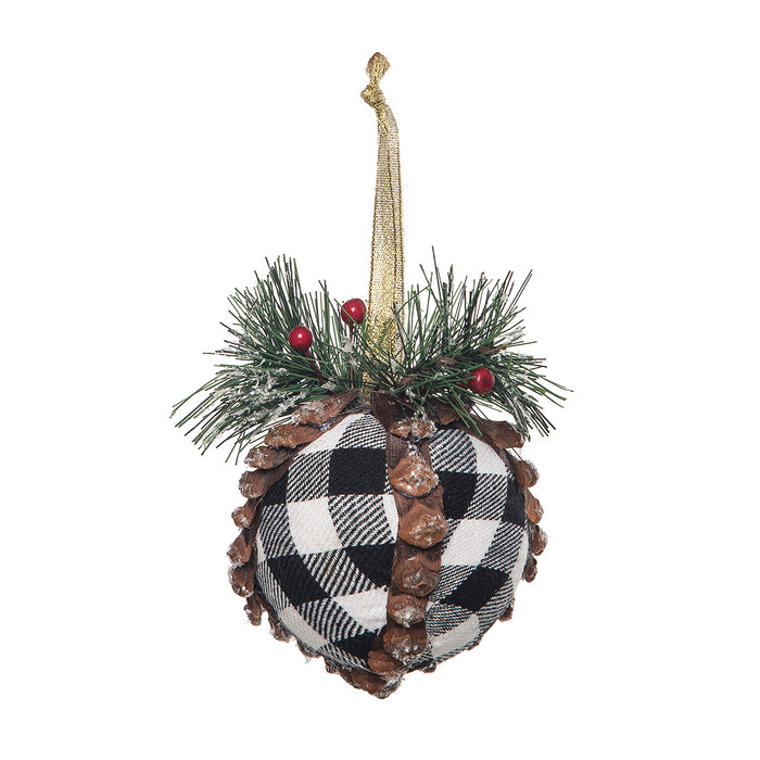 A Black White Plaid Ball Ornament.