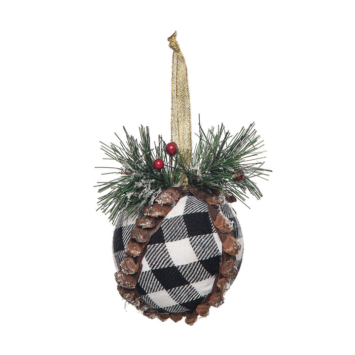 A Black White Plaid Ball Ornament.