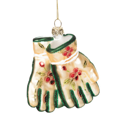 A Blown Glass Garden Gloves Ornament.