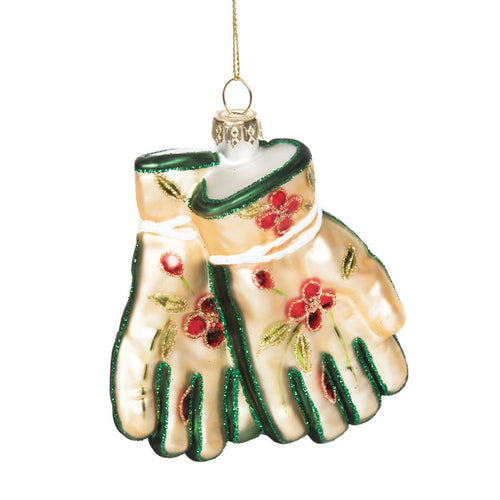 A Blown Glass Garden Gloves Ornament.