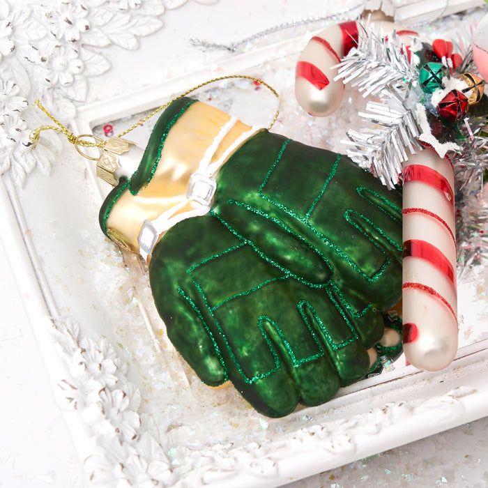 A Blown Glass Garden Gloves Ornament.