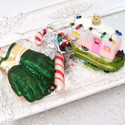 A Blown Glass Garden Gloves Ornament.