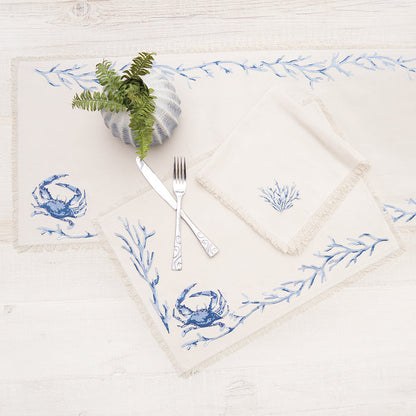 Blue Coral Bay Table Linens table linens displayed as a coordinated tabletop setting.