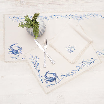 Blue Coral Bay Table Linens table linens displayed as a coordinated tabletop setting.