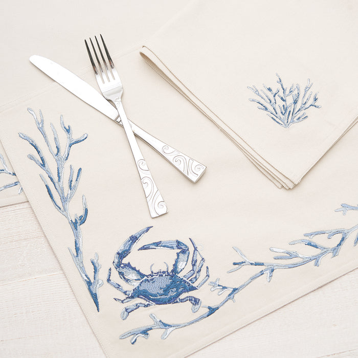 Blue Coral Bay Table Linens table linens displayed as a coordinated tabletop setting.