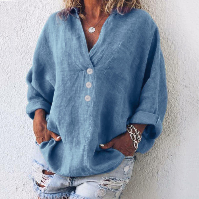 Breeze | Women's V-Neck Oversized Top Long Sleeve Button