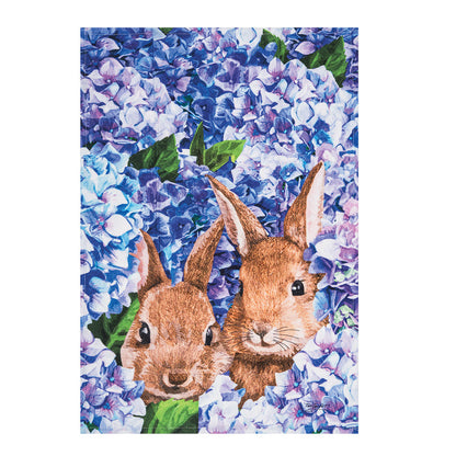 A Bunnies in Hydrangeas Printed Kitchen Towel.