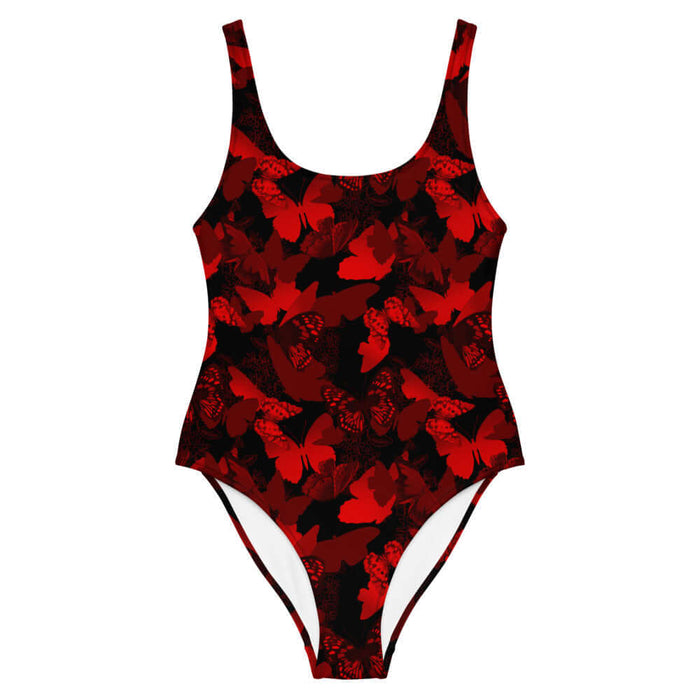 Butterfly kawaii one-piece swimsuit in crimson with layered butterfly silhouettes and cobalt wings