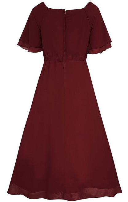 Meredith Comfortable Flattering Floaty Chiffon Dress in Burgundy