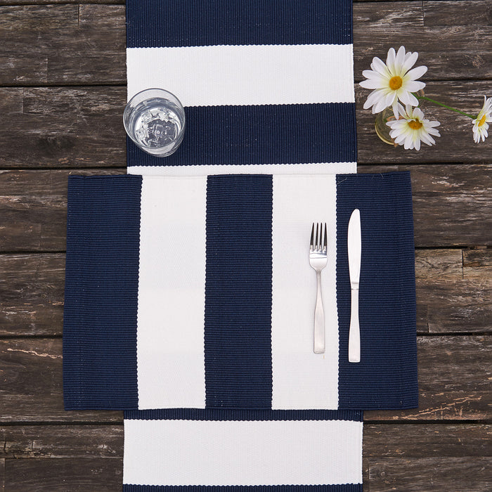 Cabana Stripes Indoor Outdoor Table Linens table linens displayed as a coordinated tabletop setting.