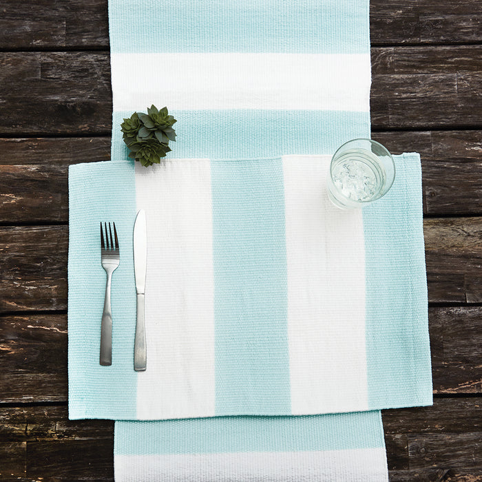 Cabana Stripes Indoor Outdoor Table Linens table linens displayed as a coordinated tabletop setting.