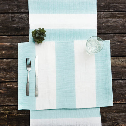Cabana Stripes Indoor Outdoor Table Linens table linens displayed as a coordinated tabletop setting.