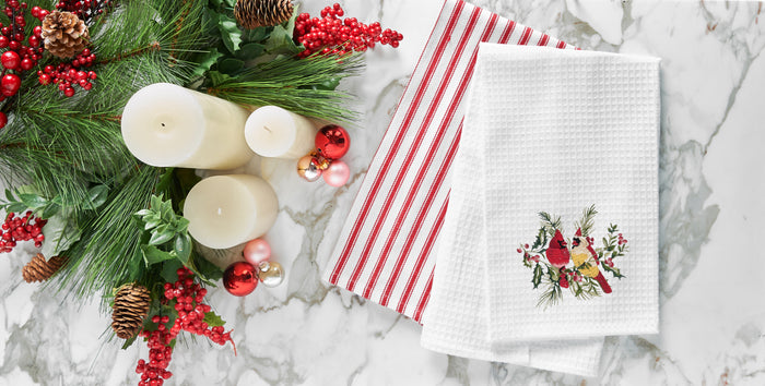A Cardinal Duo Berry Botanical Waffle Weave Kitchen Towel.