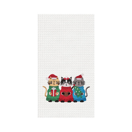 A Caroling Cats Waffle Weave Kitchen Towel.