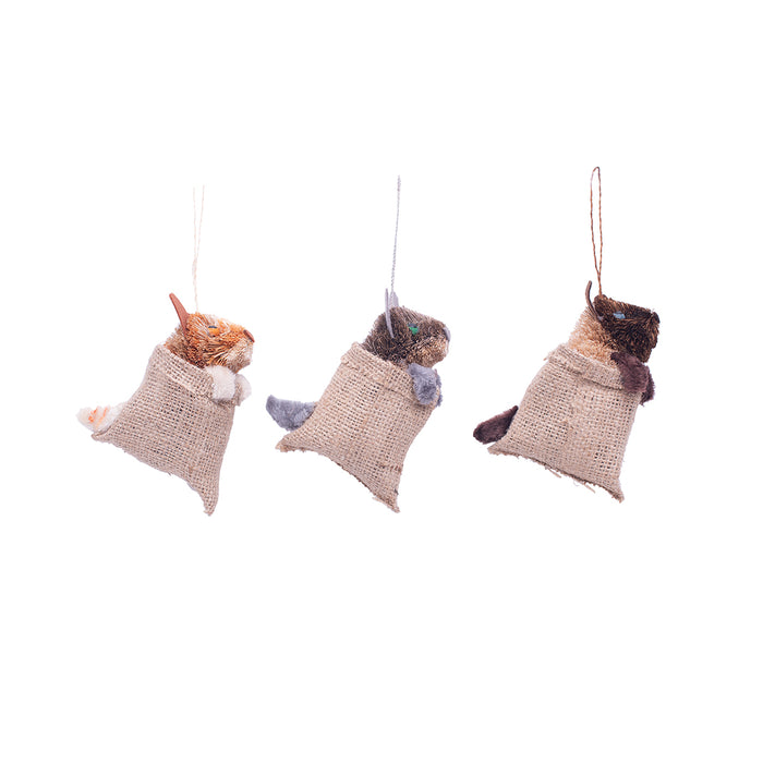A set of Cat in Feed Sack Buri ornaments.
