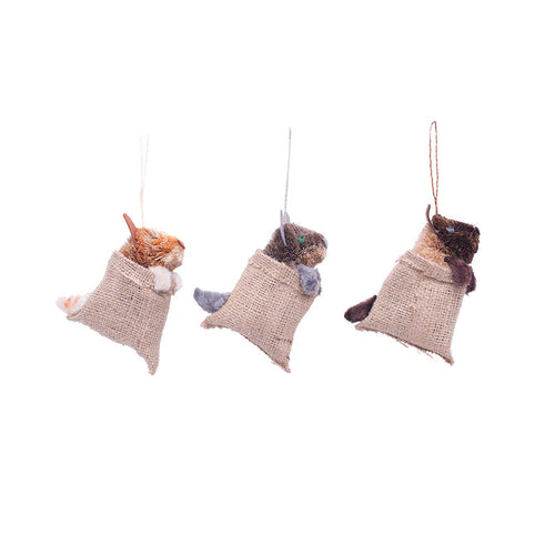 A set of Cat in Feed Sack Buri ornaments.