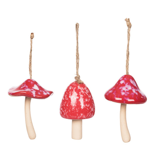 A set of Ceramic Bell Mushroom ornaments.